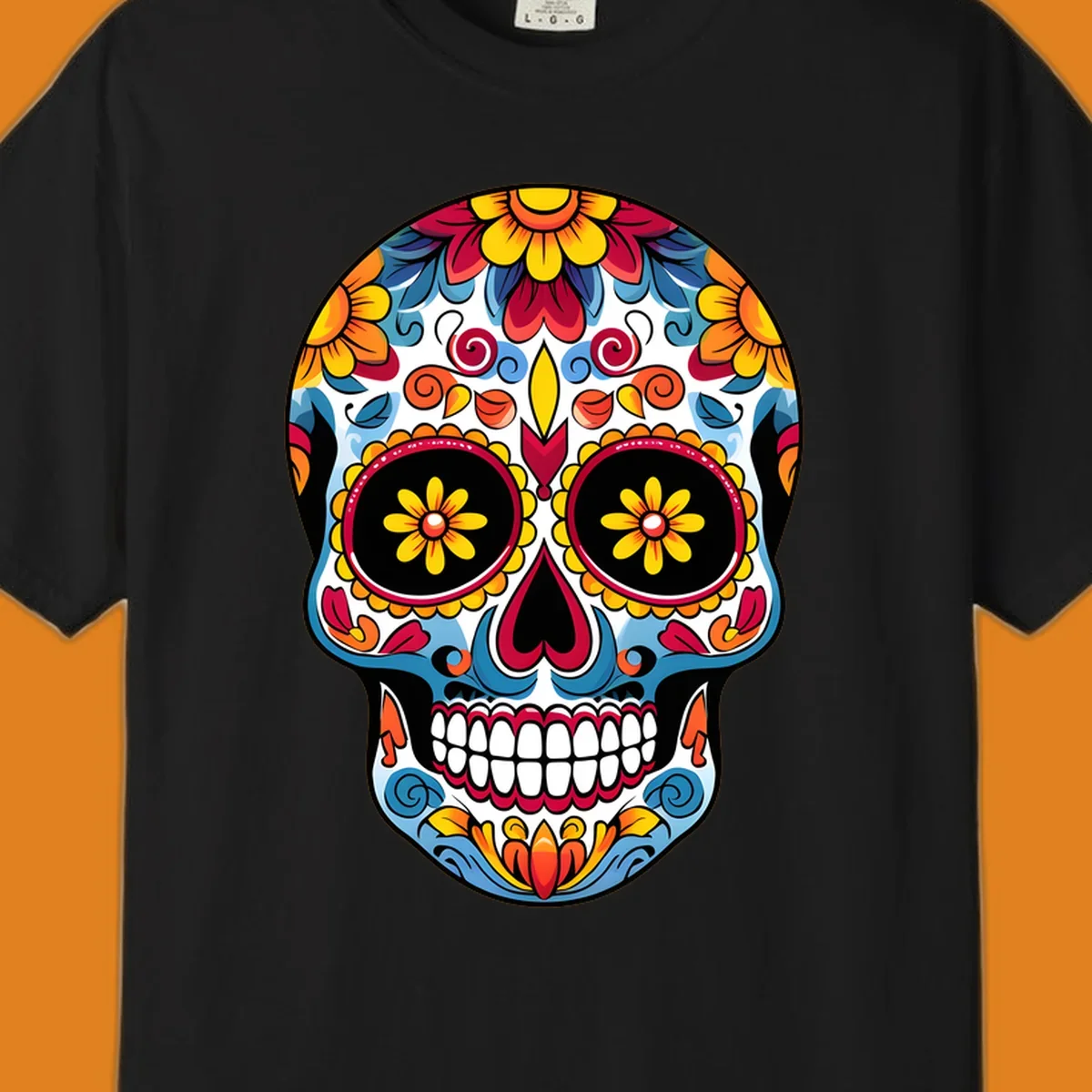 A vibrant floral calavera skull with intricate patterns and colorful flowers for Day of the Dead celebrations.