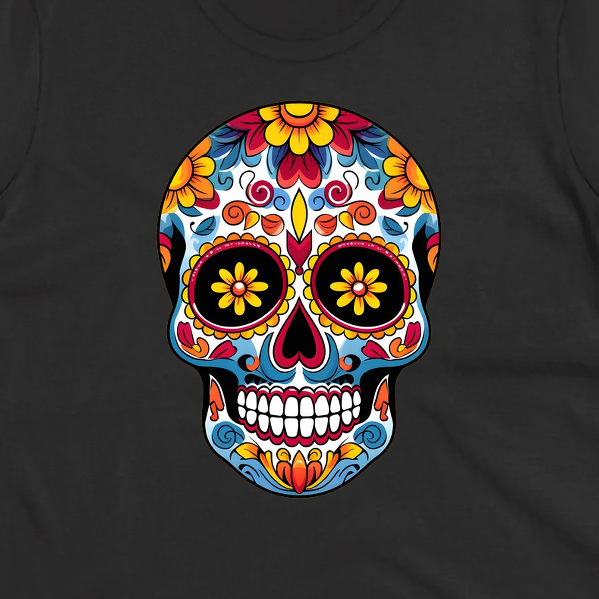 A vibrant floral calavera skull with intricate patterns and colorful flowers for Day of the Dead celebrations.
