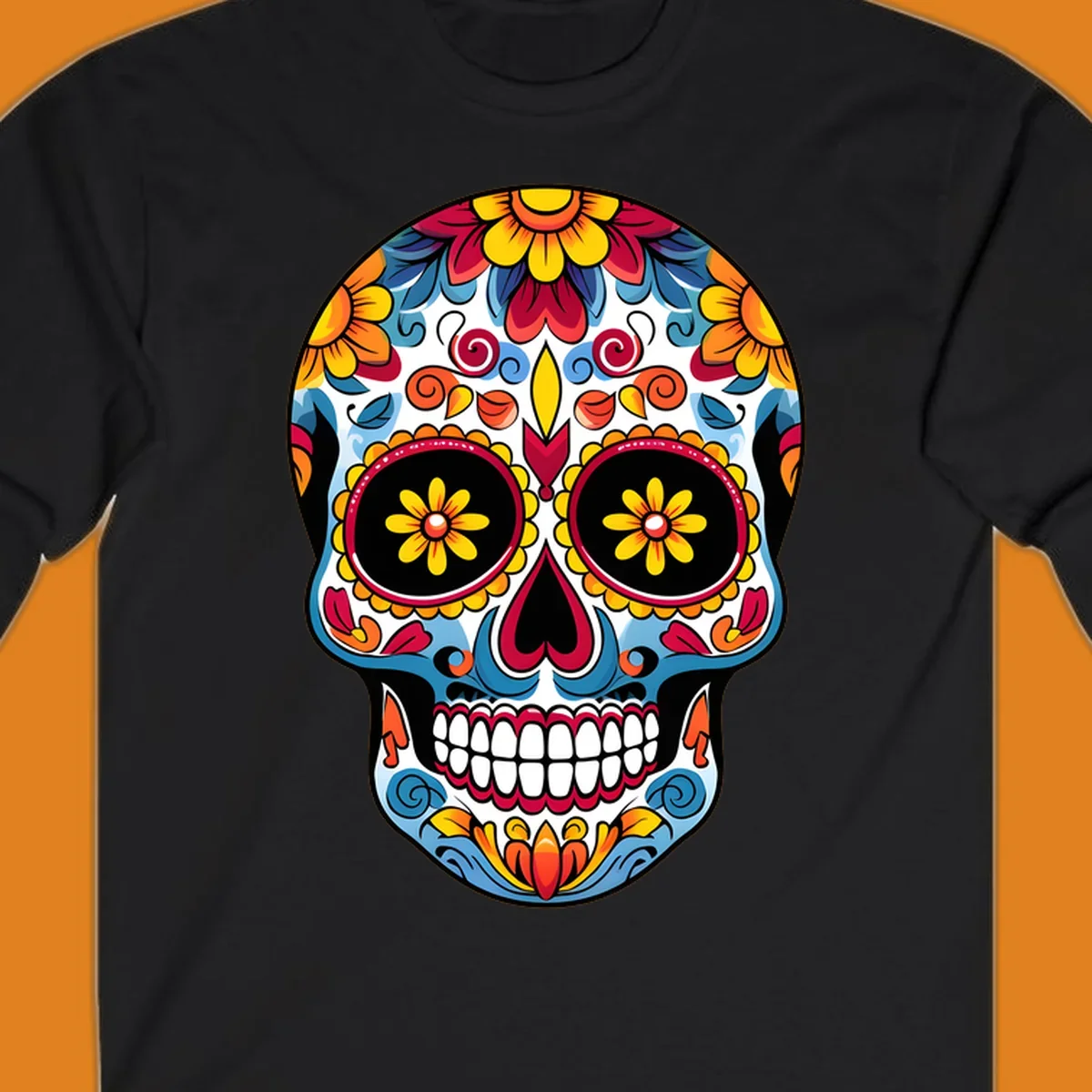 A vibrant floral calavera skull with intricate patterns and colorful flowers for Day of the Dead celebrations.