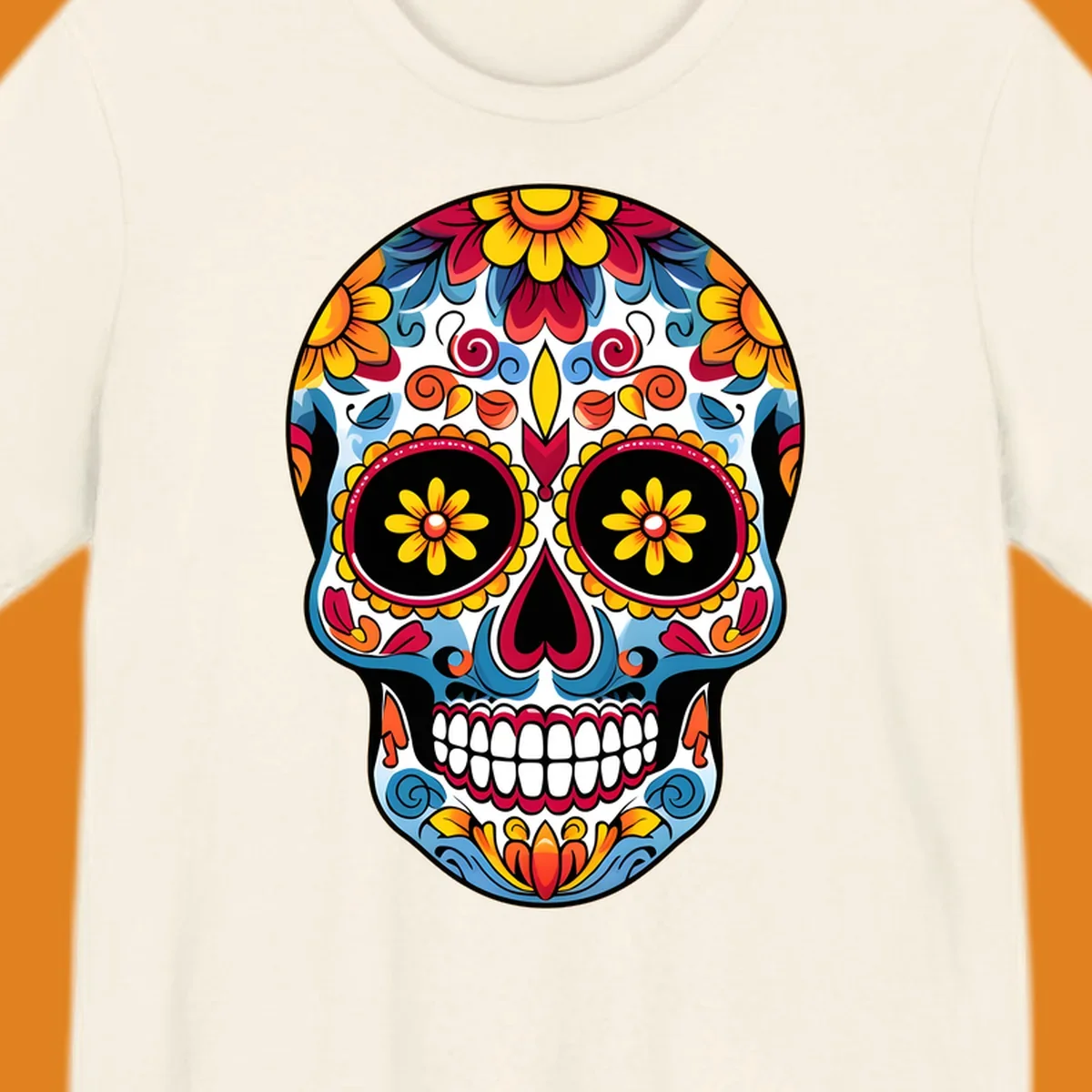 A vibrant floral calavera skull with intricate patterns and colorful flowers for Day of the Dead celebrations.