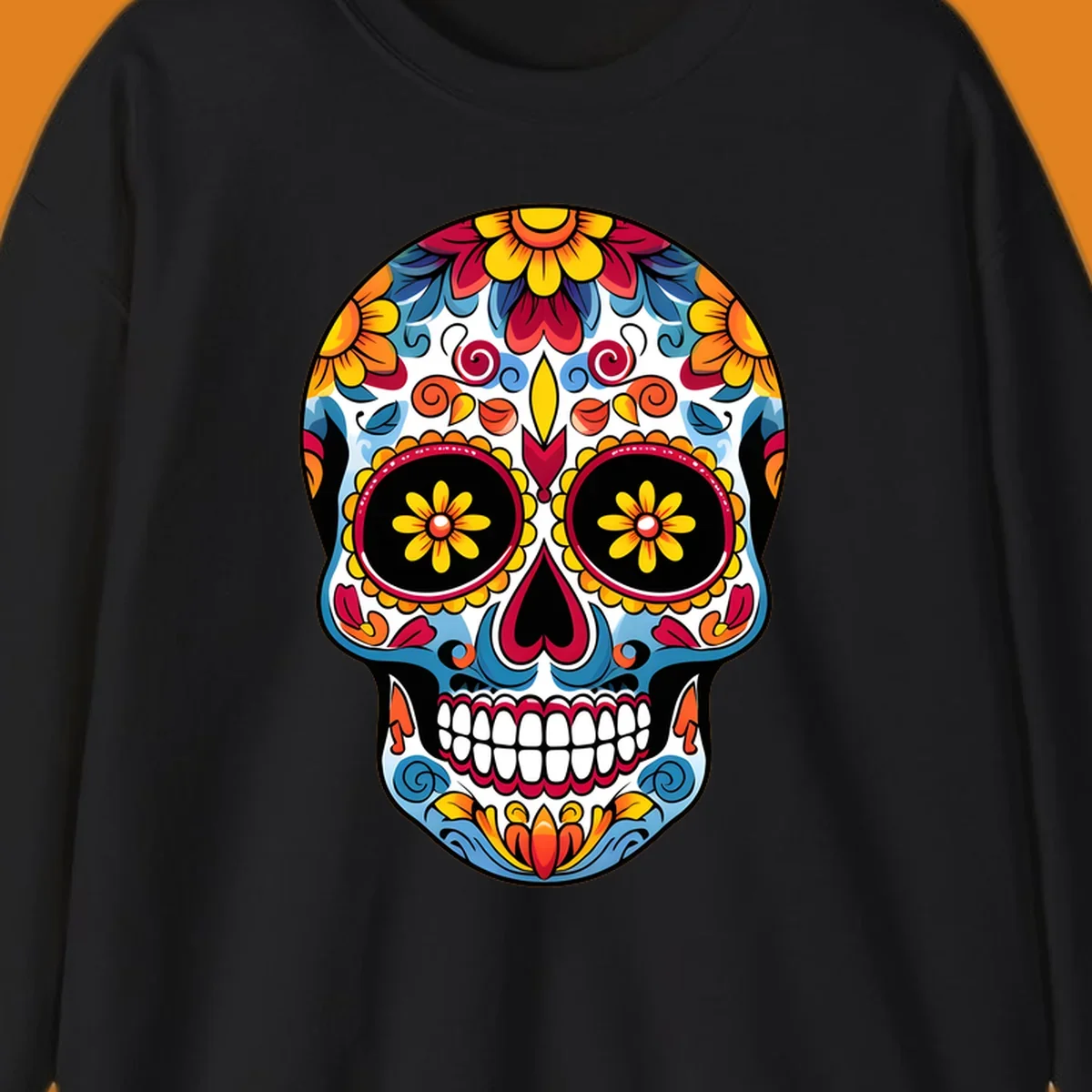 A vibrant floral calavera skull with intricate patterns and colorful flowers for Day of the Dead celebrations.