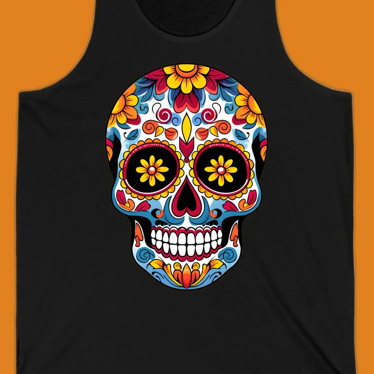 A vibrant floral calavera skull with intricate patterns and colorful flowers for Day of the Dead celebrations.