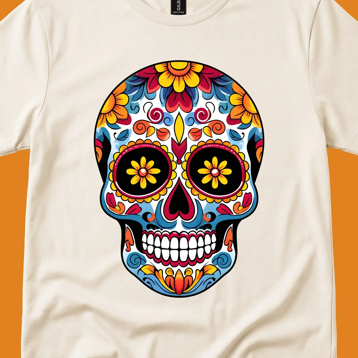 A vibrant floral calavera skull with intricate patterns and colorful flowers for Day of the Dead celebrations.