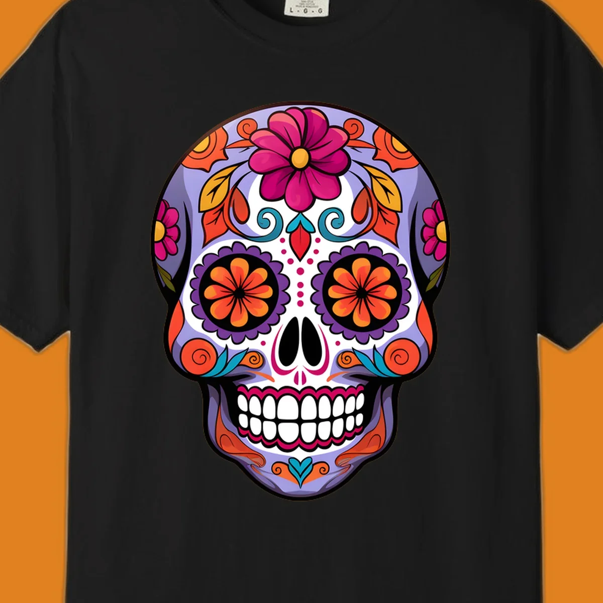 A vibrant floral calavera sugar skull illustration with purple, pink, orange, yellow, and teal details.