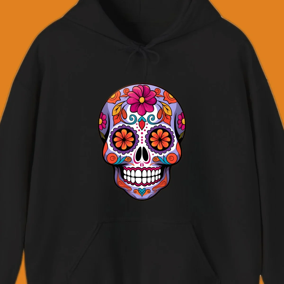 A vibrant floral calavera sugar skull illustration with purple, pink, orange, yellow, and teal details.