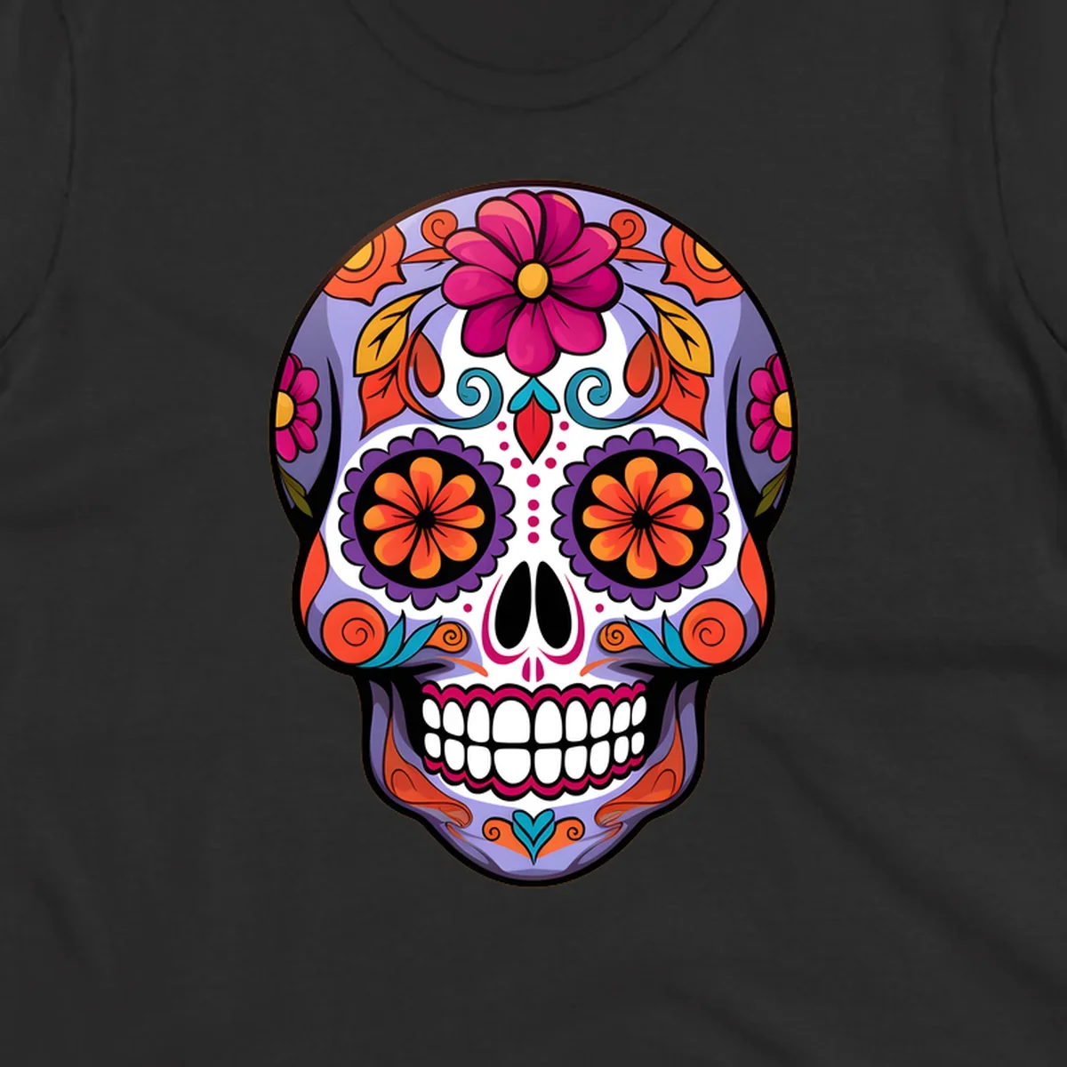 A vibrant floral calavera sugar skull illustration with purple, pink, orange, yellow, and teal details.