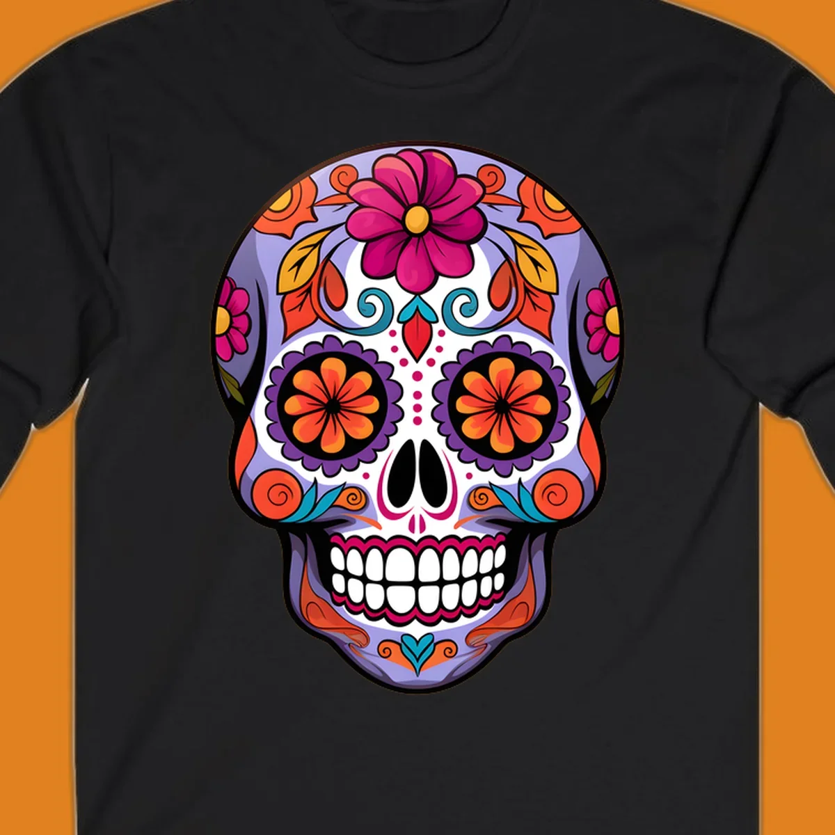 A vibrant floral calavera sugar skull illustration with purple, pink, orange, yellow, and teal details.
