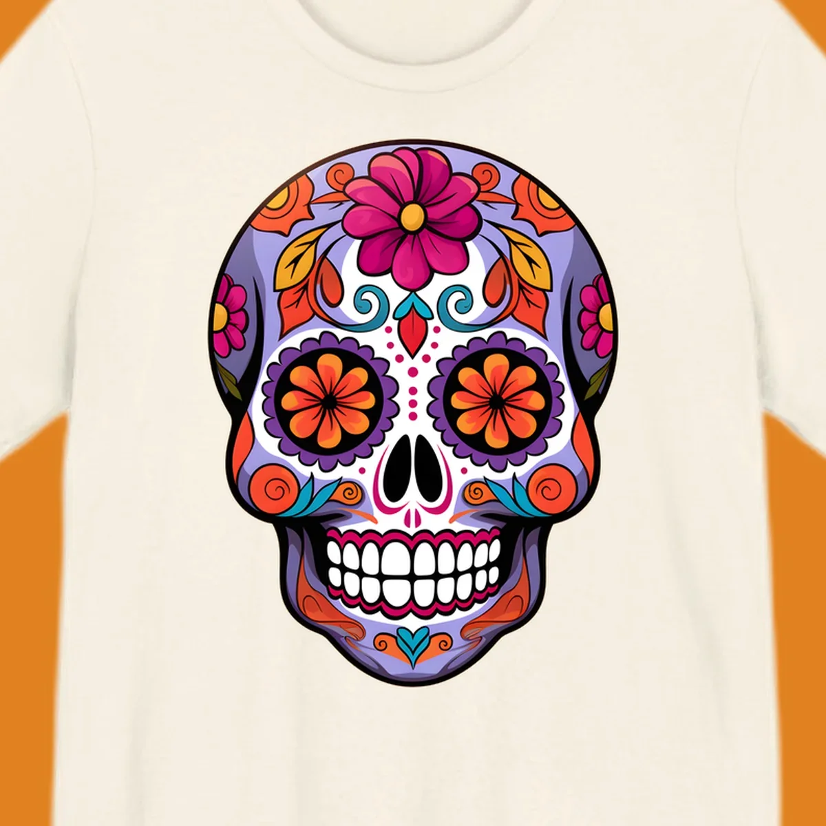 A vibrant floral calavera sugar skull illustration with purple, pink, orange, yellow, and teal details.