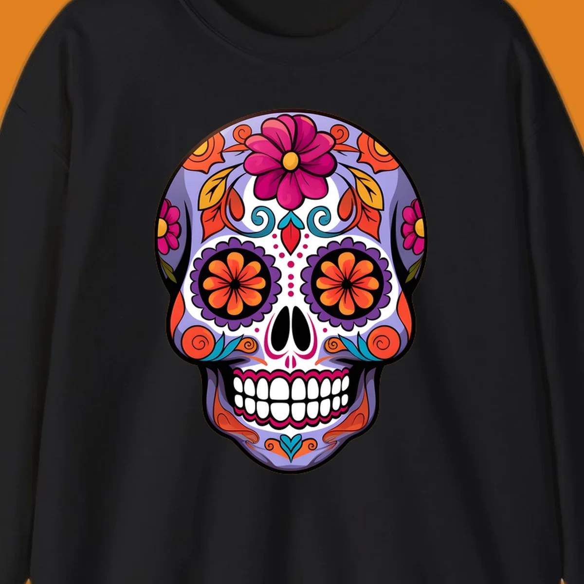 A vibrant floral calavera sugar skull illustration with purple, pink, orange, yellow, and teal details.
