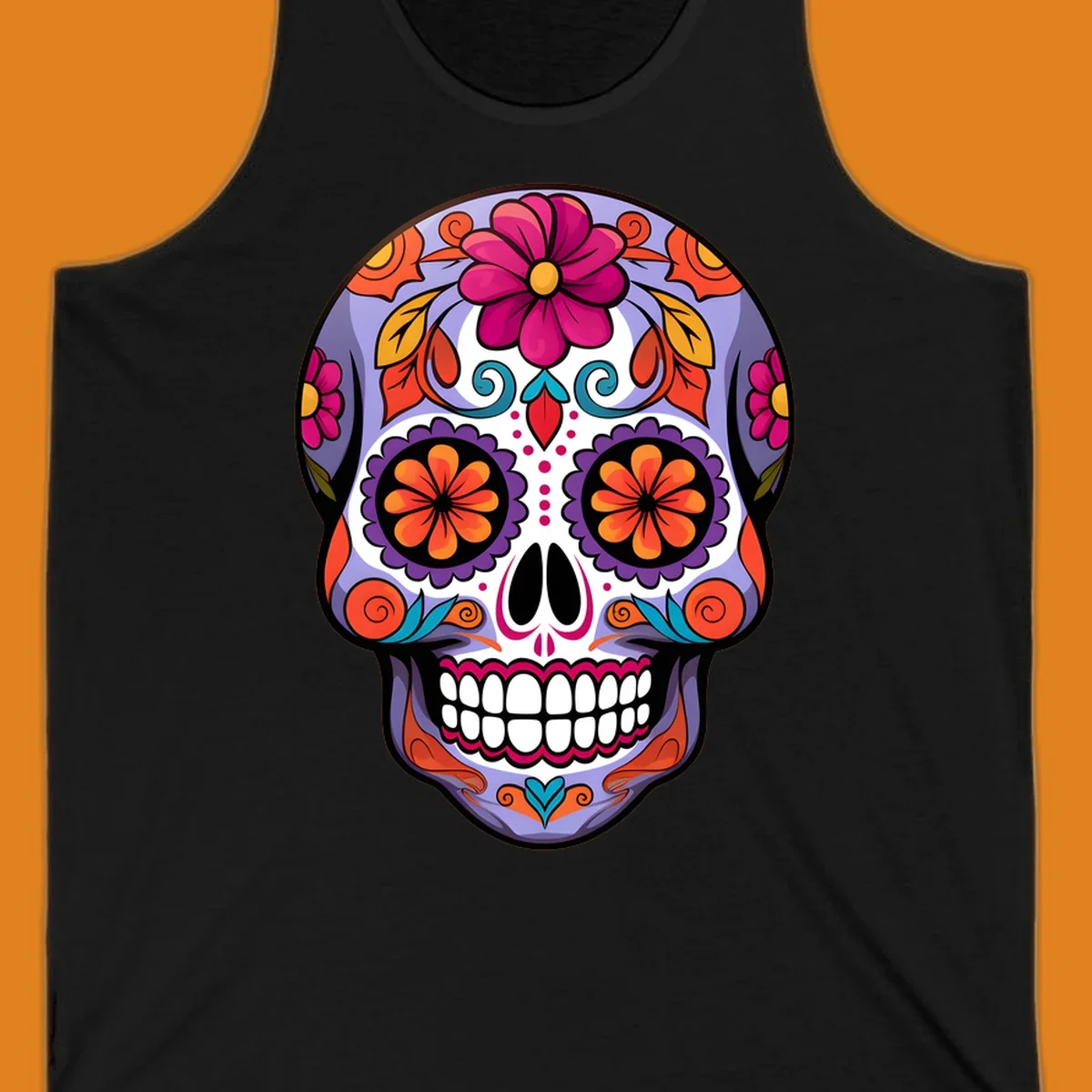 A vibrant floral calavera sugar skull illustration with purple, pink, orange, yellow, and teal details.