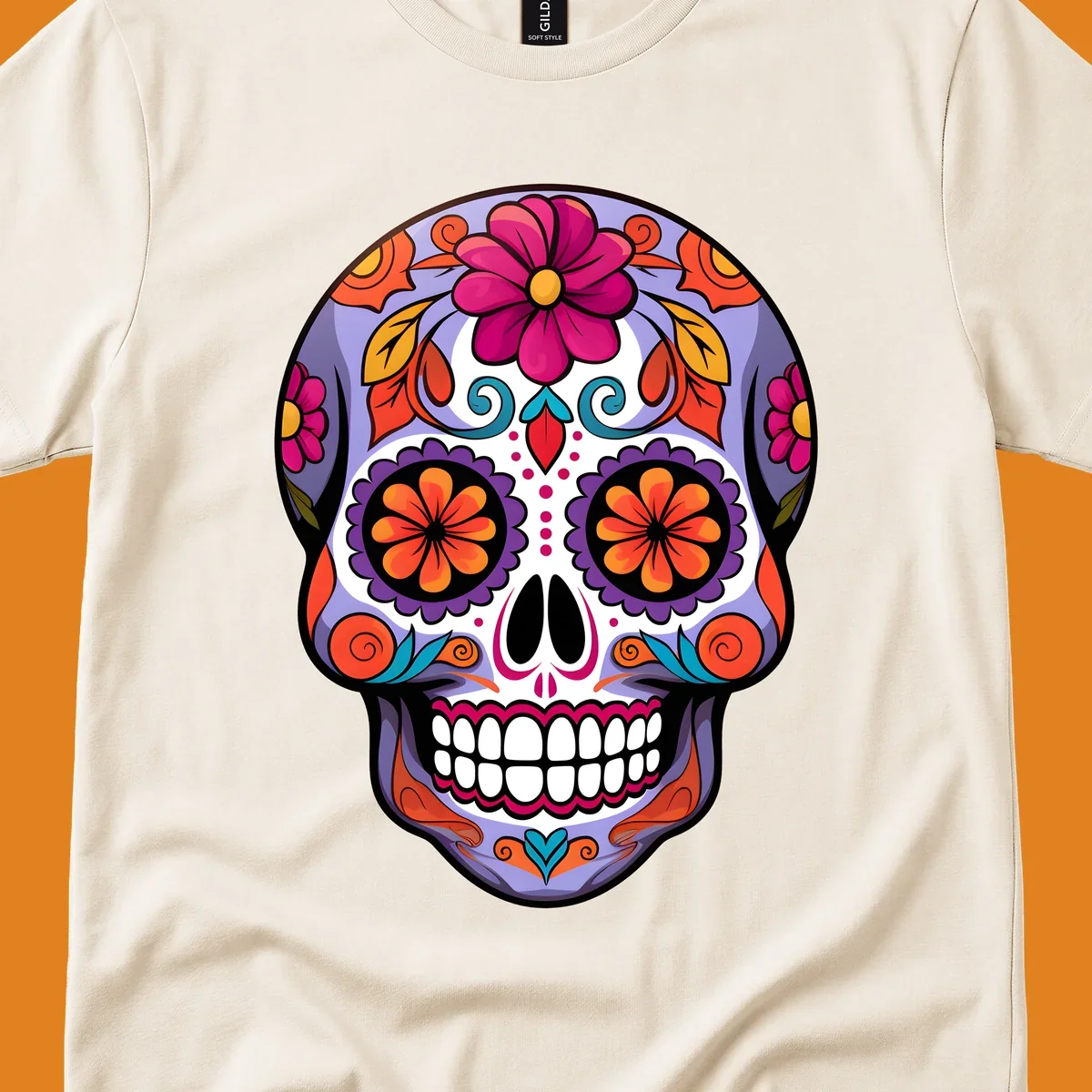 A vibrant floral calavera sugar skull illustration with purple, pink, orange, yellow, and teal details.
