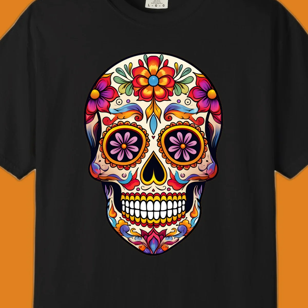 A vibrant floral sugar skull illustration with red, orange, yellow, blue, purple, and green flowers and swirls.