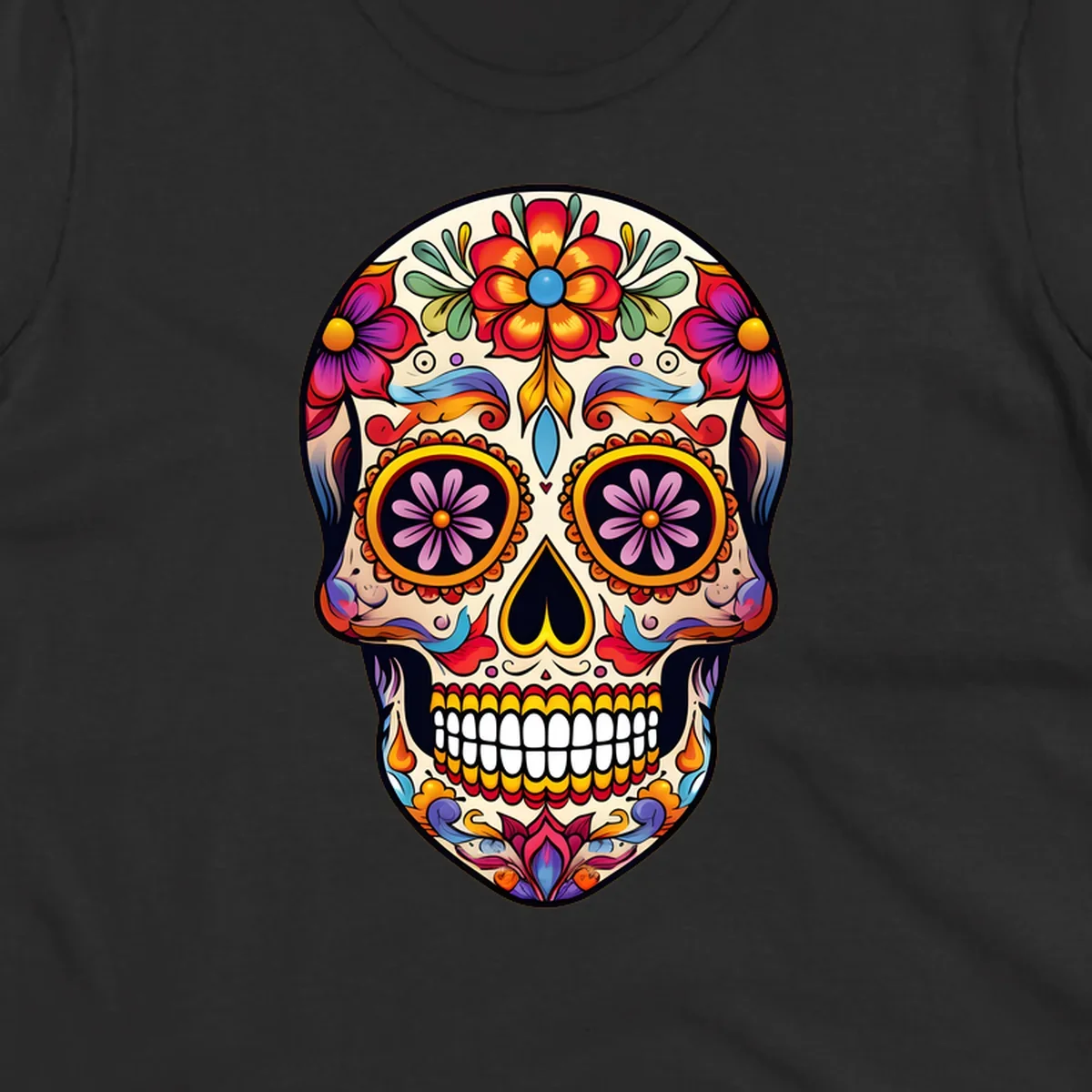 A vibrant floral sugar skull illustration with red, orange, yellow, blue, purple, and green flowers and swirls.