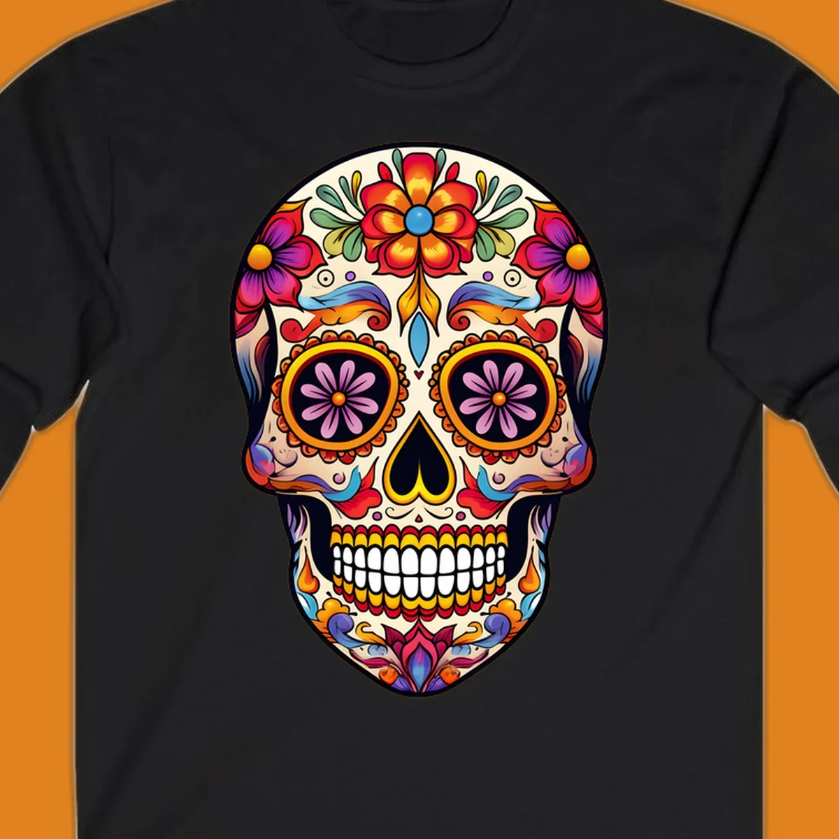 A vibrant floral sugar skull illustration with red, orange, yellow, blue, purple, and green flowers and swirls.