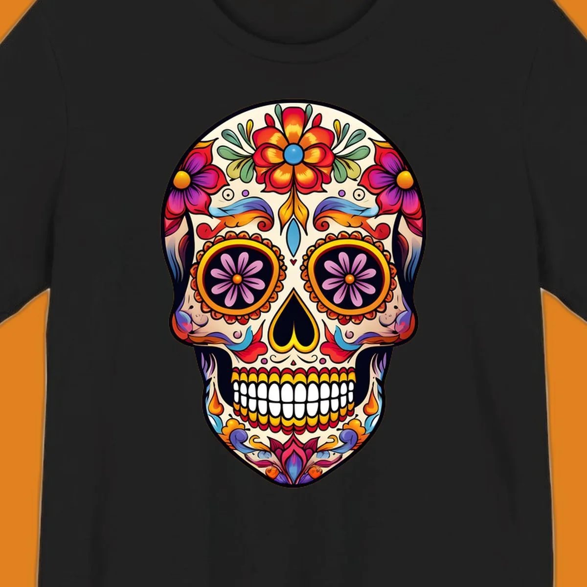 A vibrant floral sugar skull illustration with red, orange, yellow, blue, purple, and green flowers and swirls.