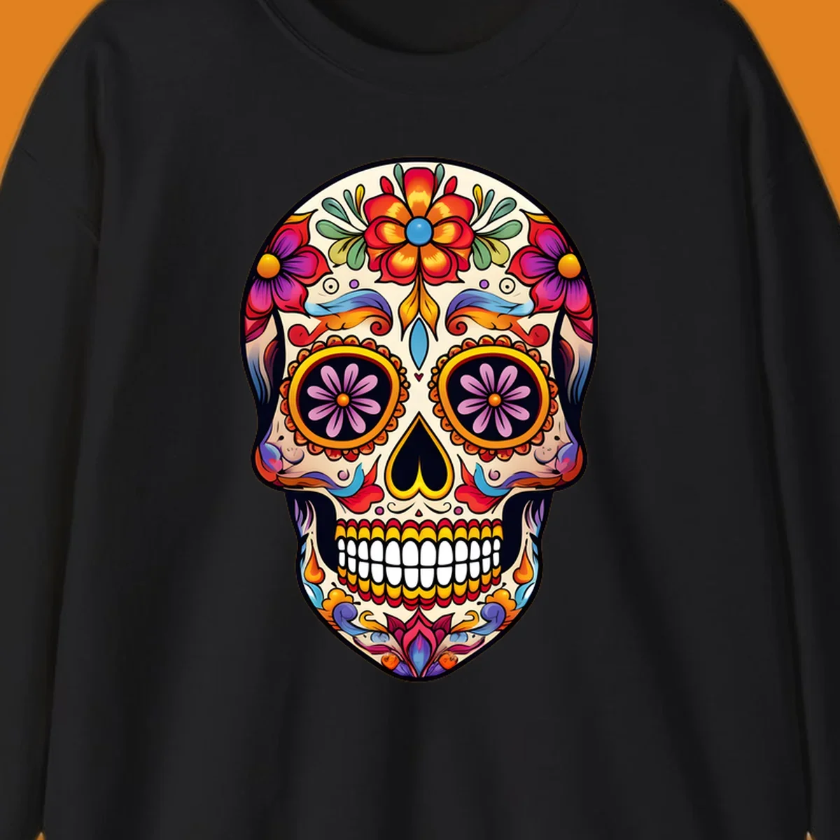 A vibrant floral sugar skull illustration with red, orange, yellow, blue, purple, and green flowers and swirls.