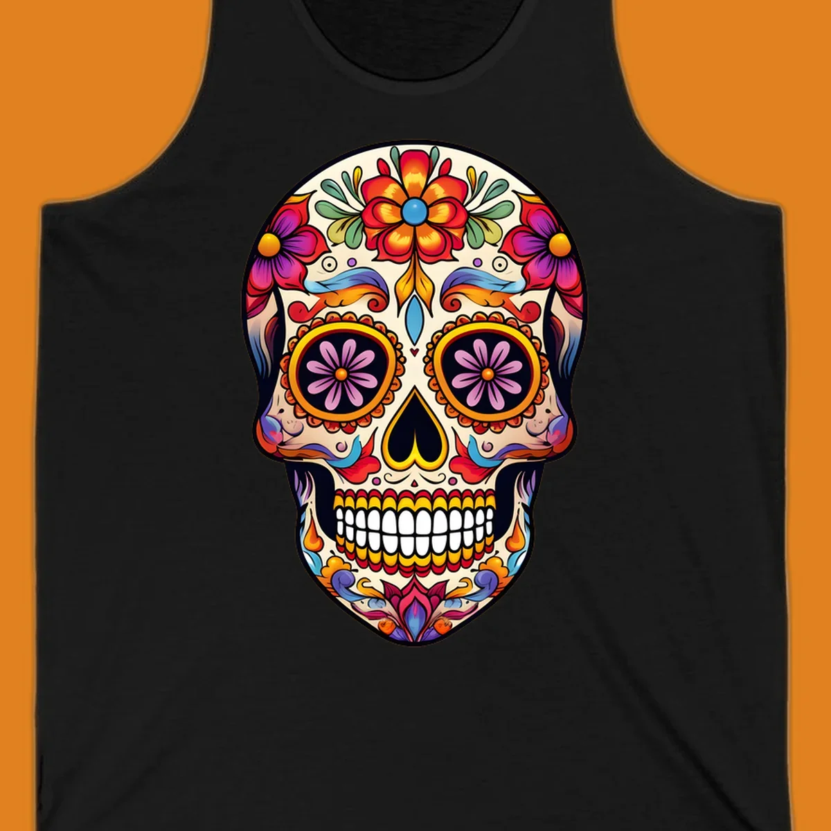 A vibrant floral sugar skull illustration with red, orange, yellow, blue, purple, and green flowers and swirls.