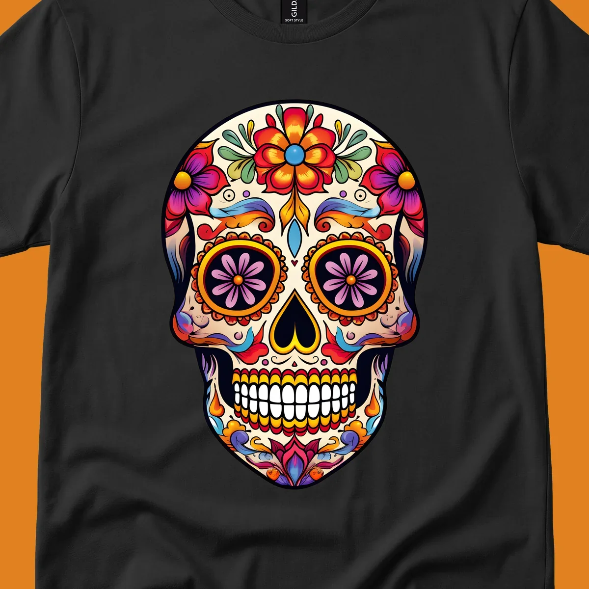 A vibrant floral sugar skull illustration with red, orange, yellow, blue, purple, and green flowers and swirls.