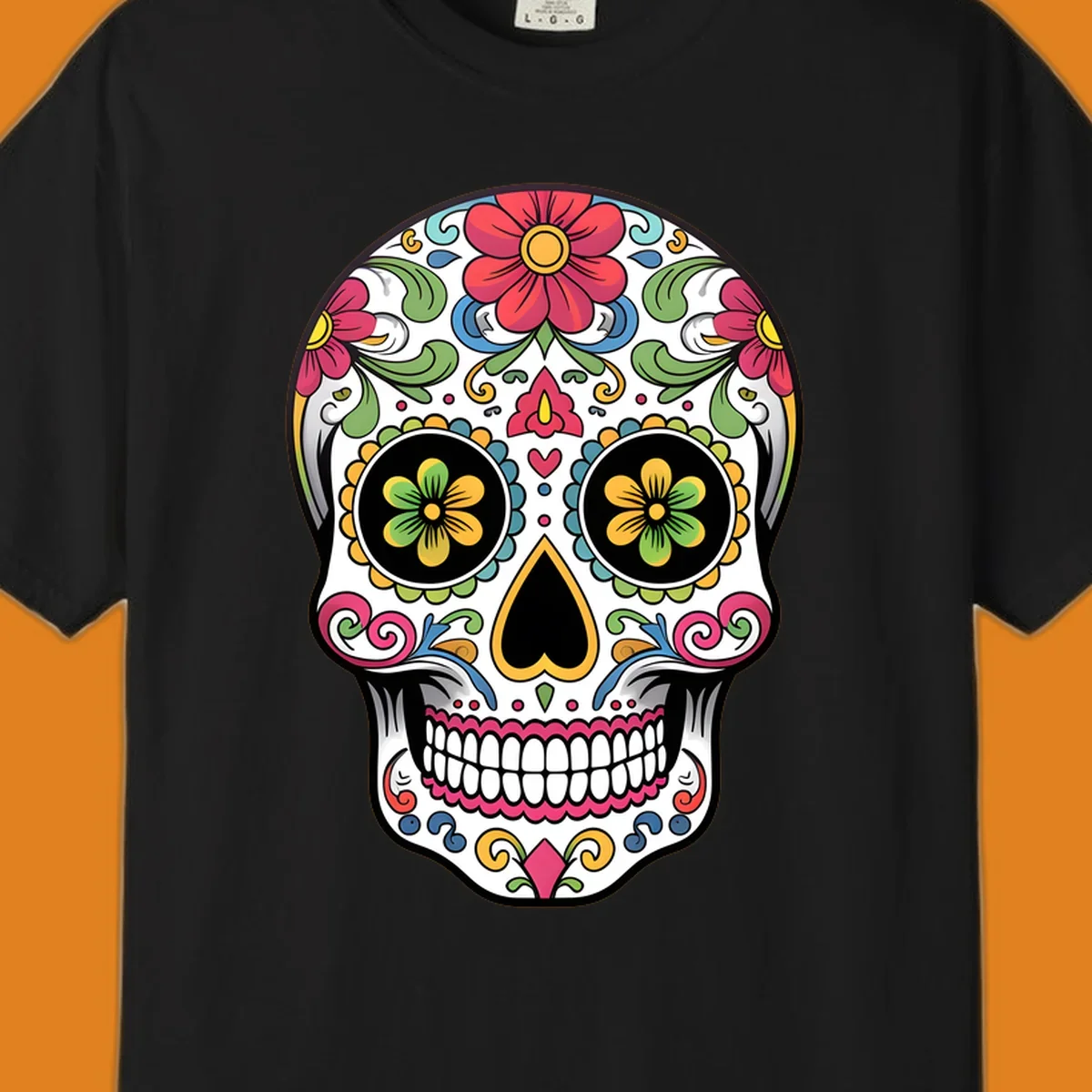 A vibrant floral sugar skull illustration featuring a white skull adorned with red, yellow, green, blue, and pink flowers and intricate swirls.
