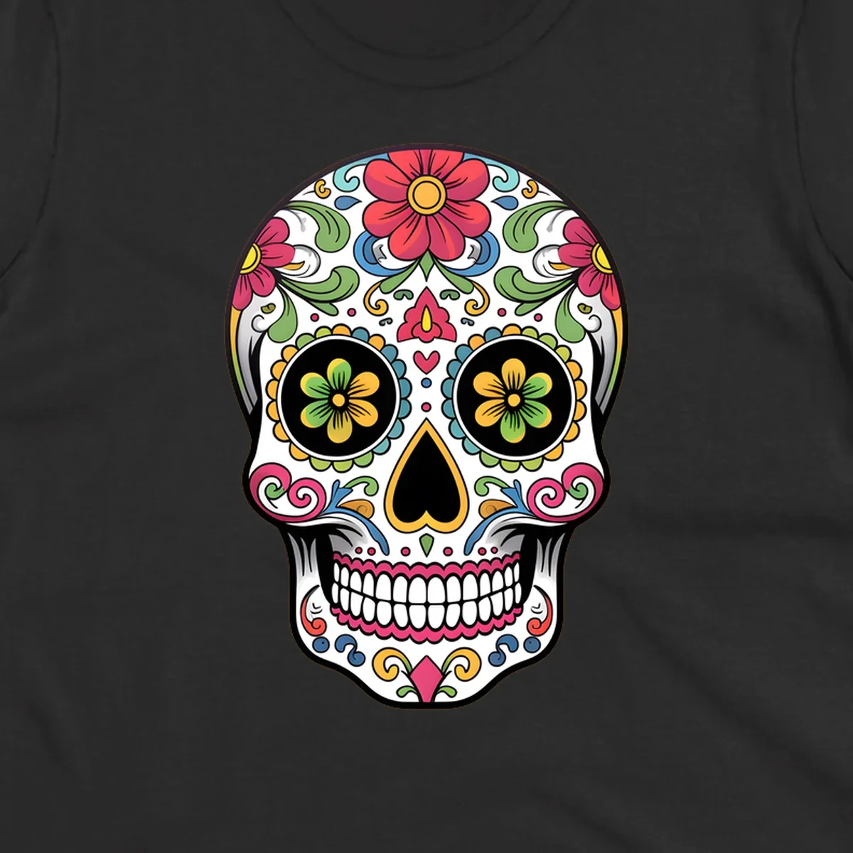A vibrant floral sugar skull illustration featuring a white skull adorned with red, yellow, green, blue, and pink flowers and intricate swirls.