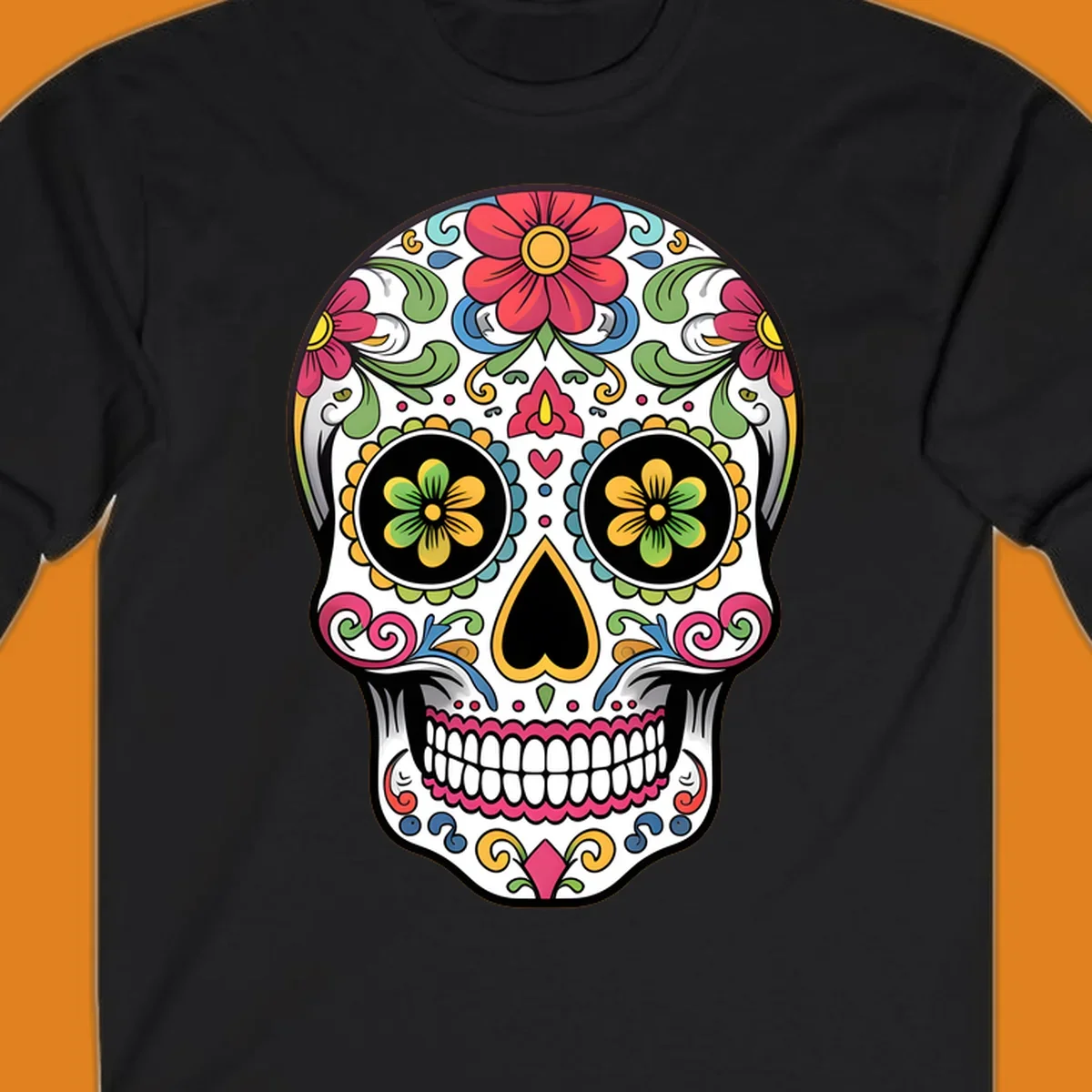 A vibrant floral sugar skull illustration featuring a white skull adorned with red, yellow, green, blue, and pink flowers and intricate swirls.