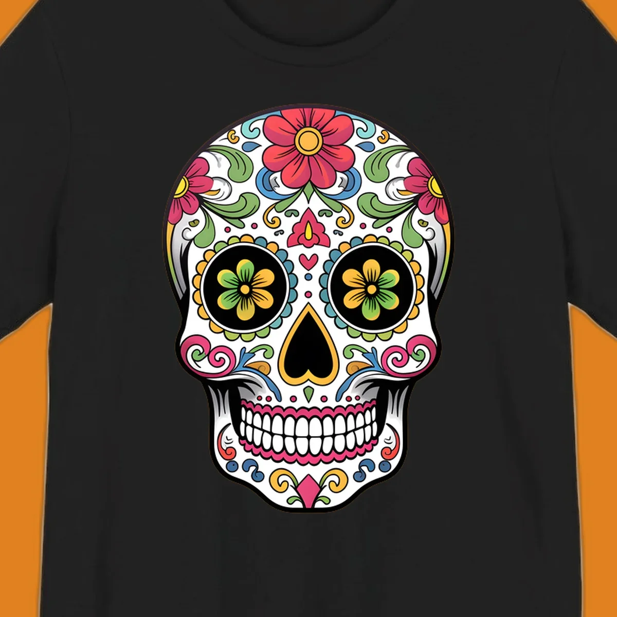 A vibrant floral sugar skull illustration featuring a white skull adorned with red, yellow, green, blue, and pink flowers and intricate swirls.