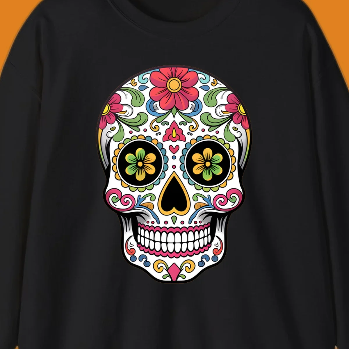 A vibrant floral sugar skull illustration featuring a white skull adorned with red, yellow, green, blue, and pink flowers and intricate swirls.