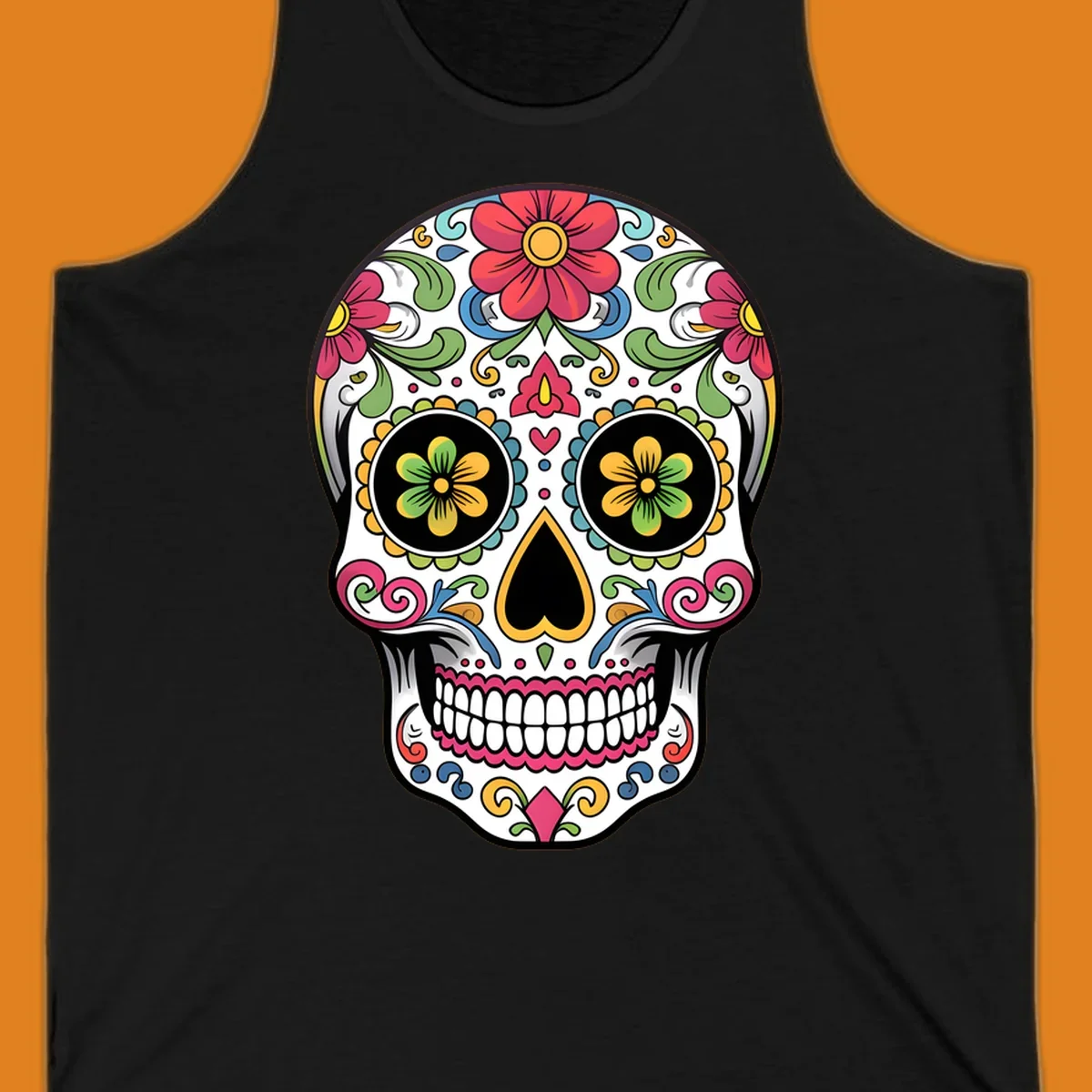 A vibrant floral sugar skull illustration featuring a white skull adorned with red, yellow, green, blue, and pink flowers and intricate swirls.