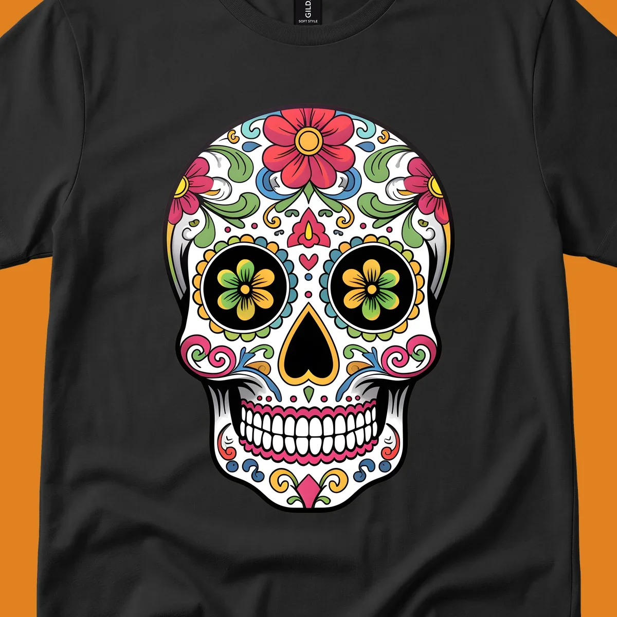 A vibrant floral sugar skull illustration featuring a white skull adorned with red, yellow, green, blue, and pink flowers and intricate swirls.