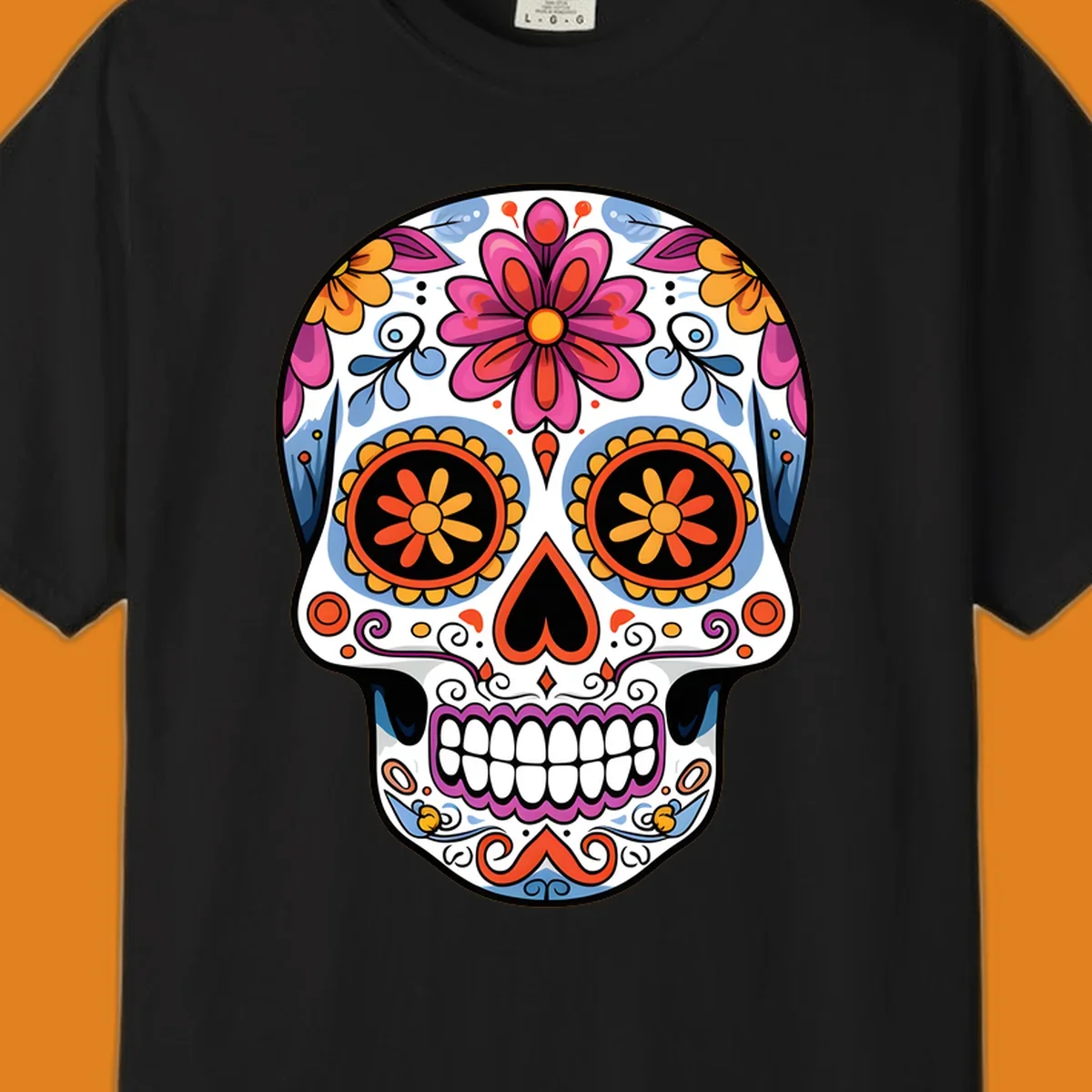A vibrant floral sugar skull (calavera) with pink and orange flowers, blue swirls, and colorful eye patterns.