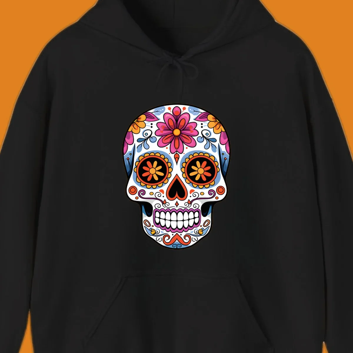 A vibrant floral sugar skull (calavera) with pink and orange flowers, blue swirls, and colorful eye patterns.