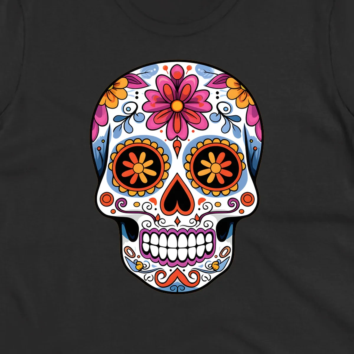 A vibrant floral sugar skull (calavera) with pink and orange flowers, blue swirls, and colorful eye patterns.