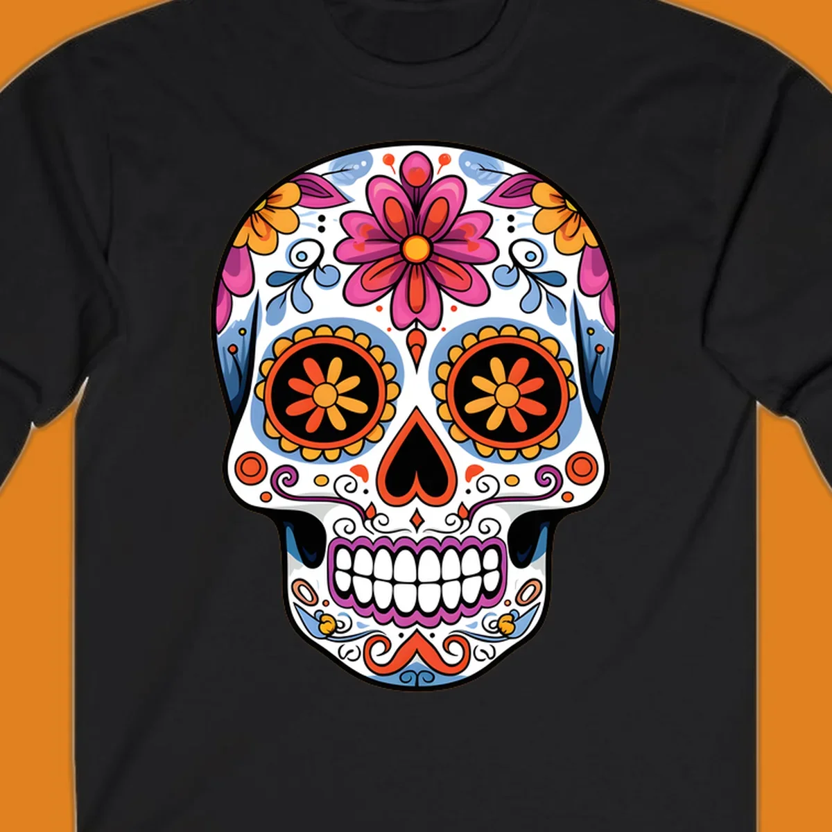 A vibrant floral sugar skull (calavera) with pink and orange flowers, blue swirls, and colorful eye patterns.