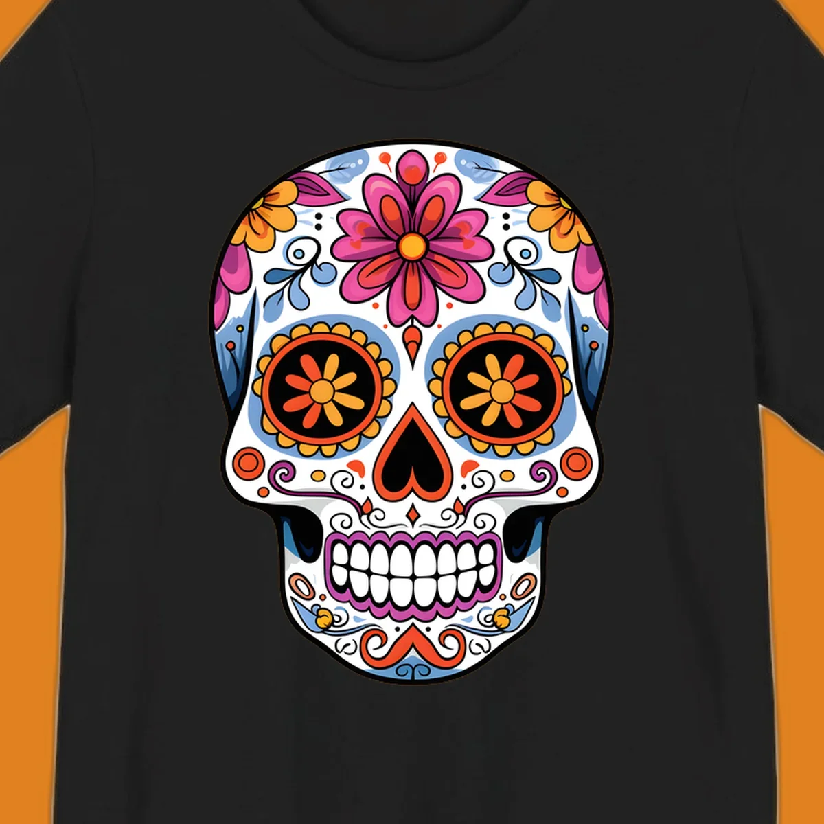 A vibrant floral sugar skull (calavera) with pink and orange flowers, blue swirls, and colorful eye patterns.