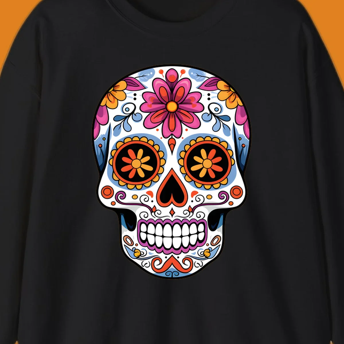 A vibrant floral sugar skull (calavera) with pink and orange flowers, blue swirls, and colorful eye patterns.