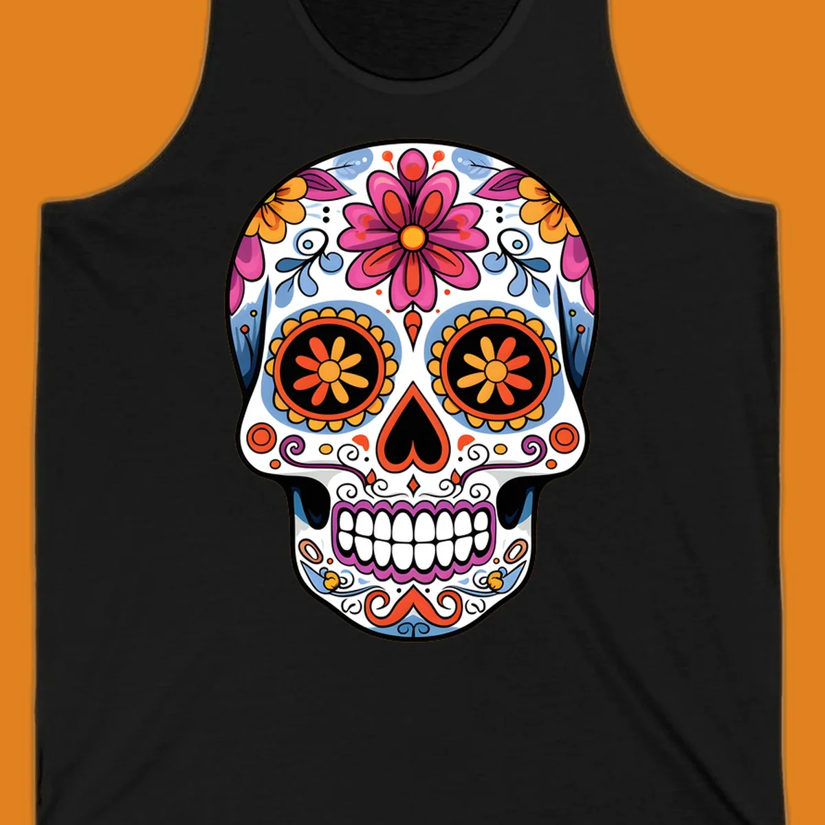 A vibrant floral sugar skull (calavera) with pink and orange flowers, blue swirls, and colorful eye patterns.