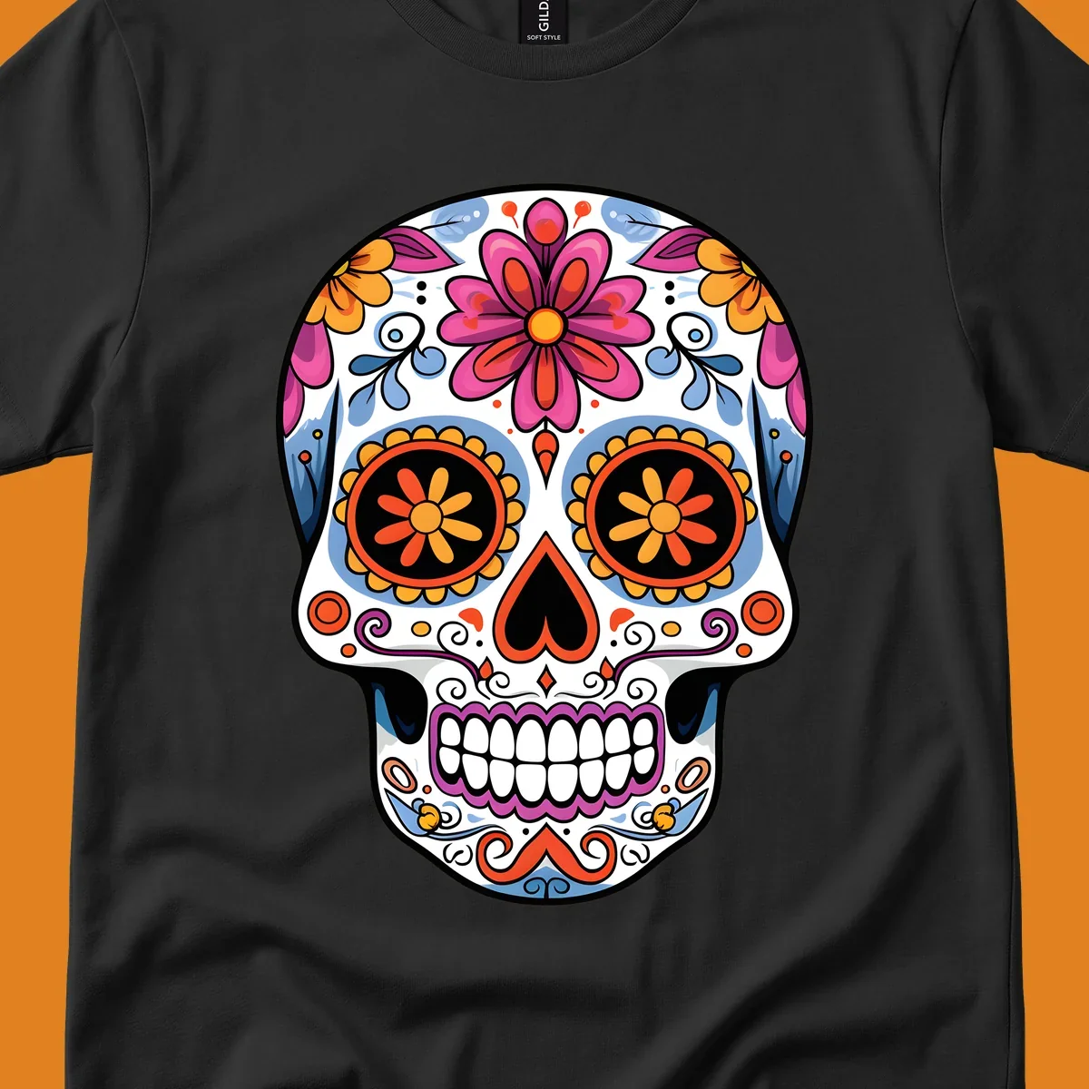 A vibrant floral sugar skull (calavera) with pink and orange flowers, blue swirls, and colorful eye patterns.