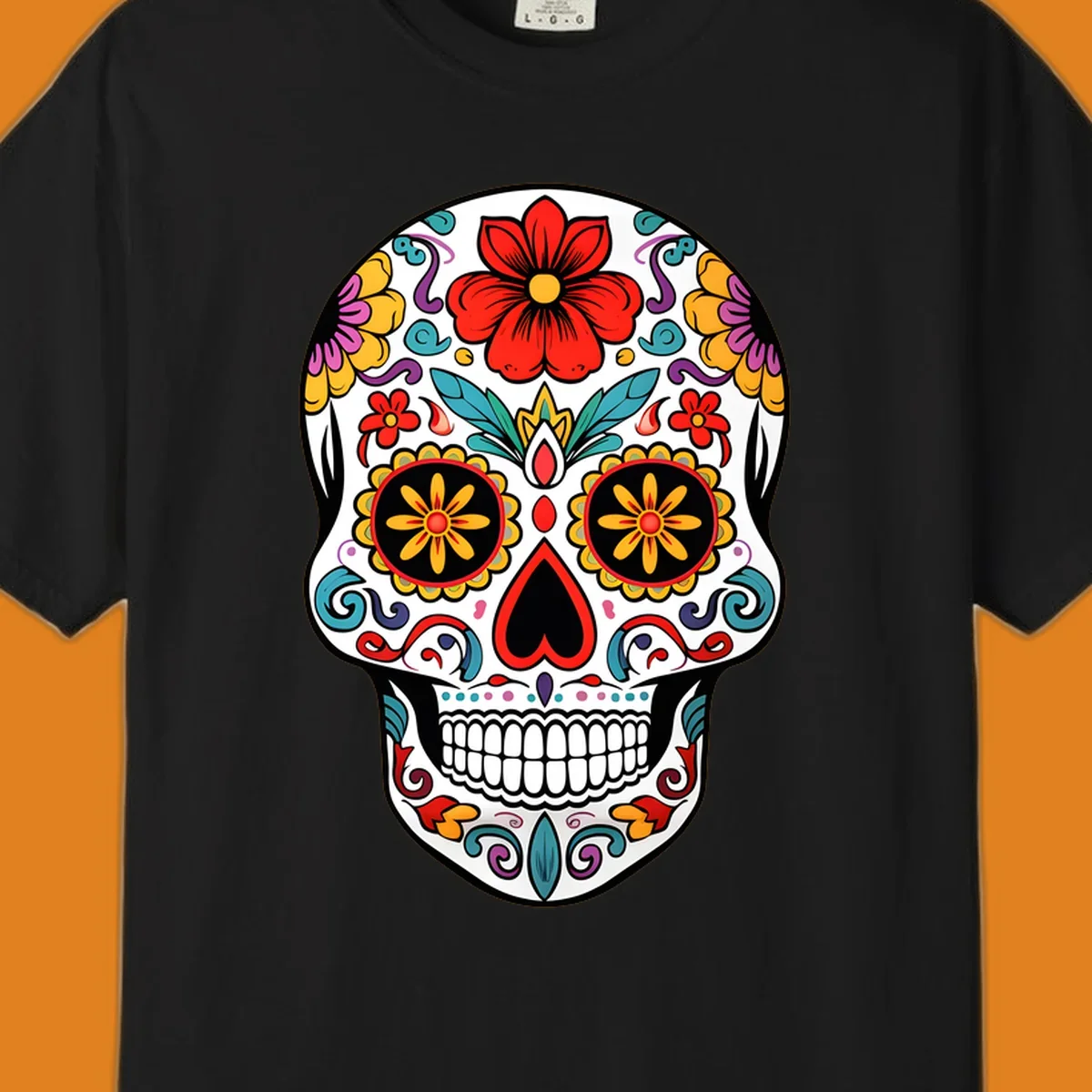 A vibrant floral sugar skull illustration, with a white skull decorated in red, yellow, purple, and blue flowers and swirls.