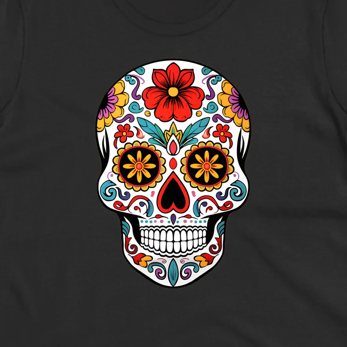 A vibrant floral sugar skull illustration, with a white skull decorated in red, yellow, purple, and blue flowers and swirls.