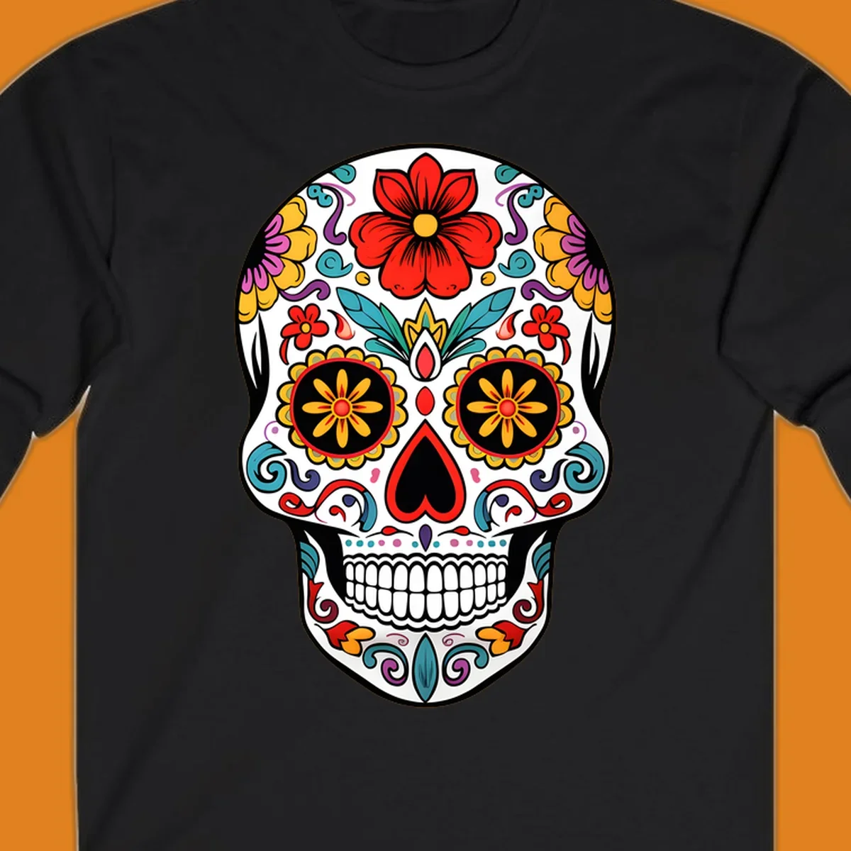 A vibrant floral sugar skull illustration, with a white skull decorated in red, yellow, purple, and blue flowers and swirls.