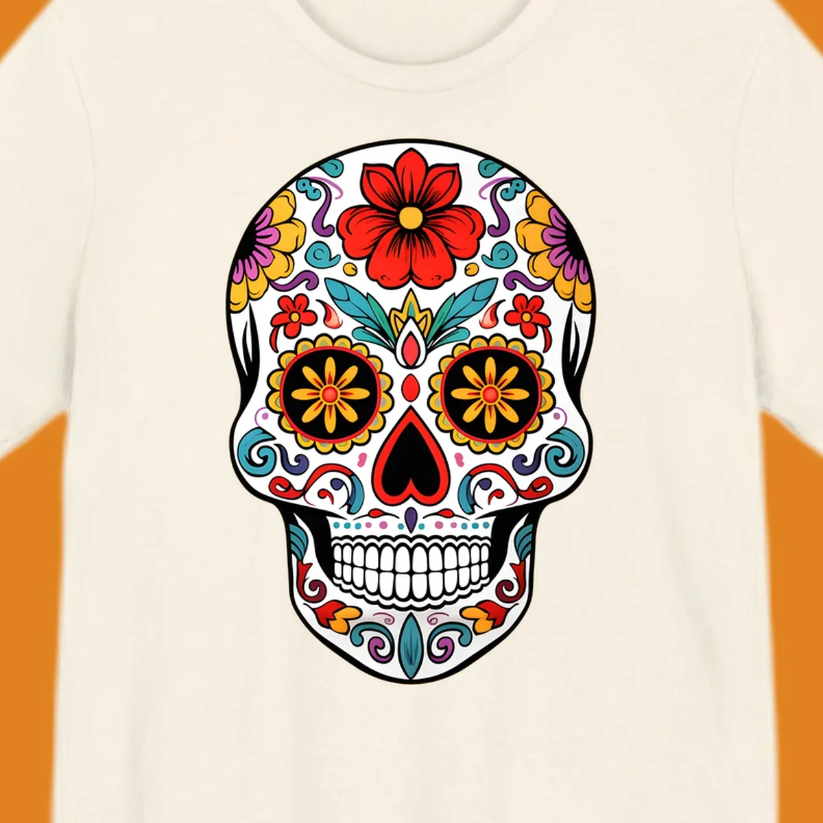 A vibrant floral sugar skull illustration, with a white skull decorated in red, yellow, purple, and blue flowers and swirls.