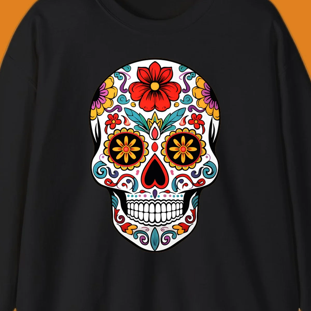 A vibrant floral sugar skull illustration, with a white skull decorated in red, yellow, purple, and blue flowers and swirls.