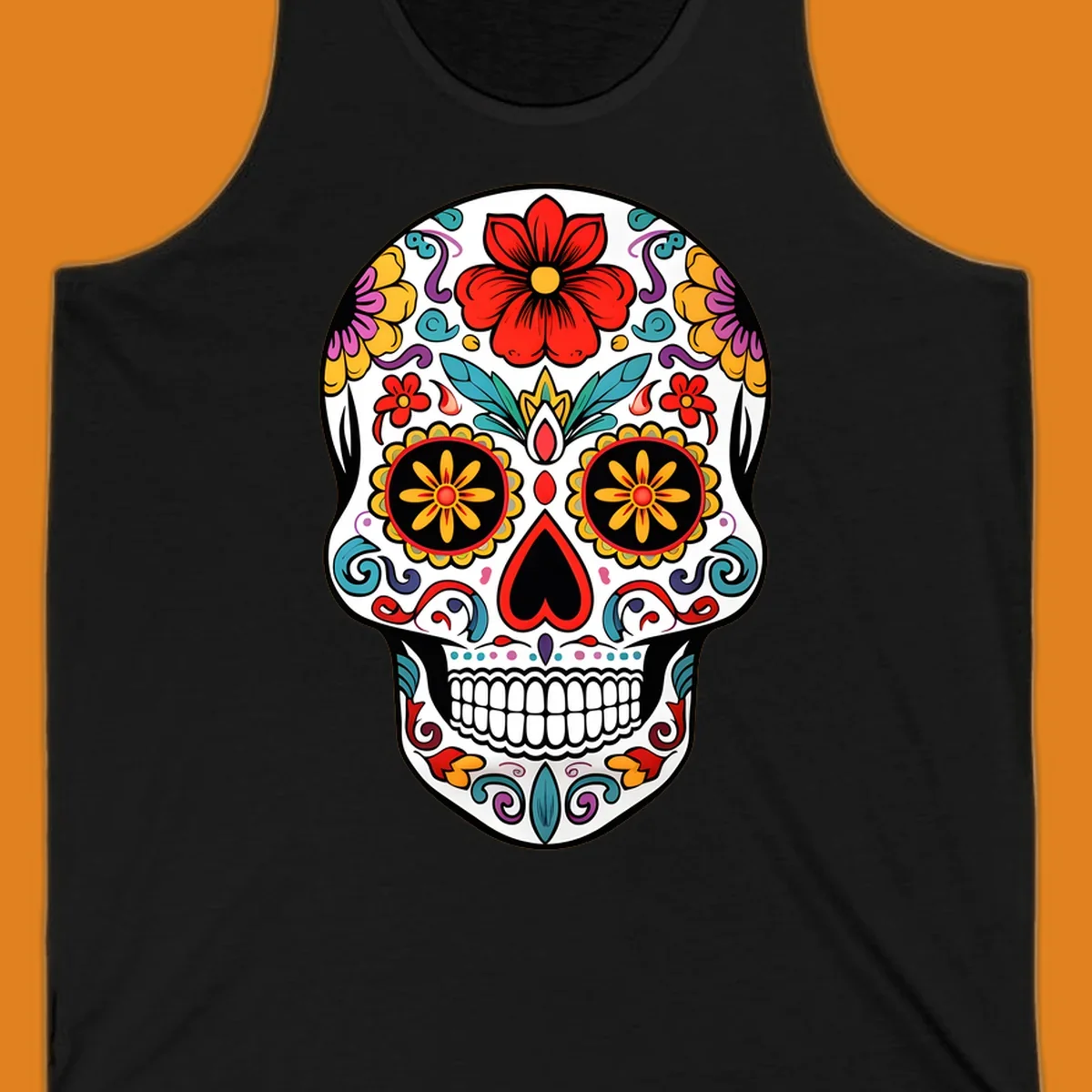 A vibrant floral sugar skull illustration, with a white skull decorated in red, yellow, purple, and blue flowers and swirls.