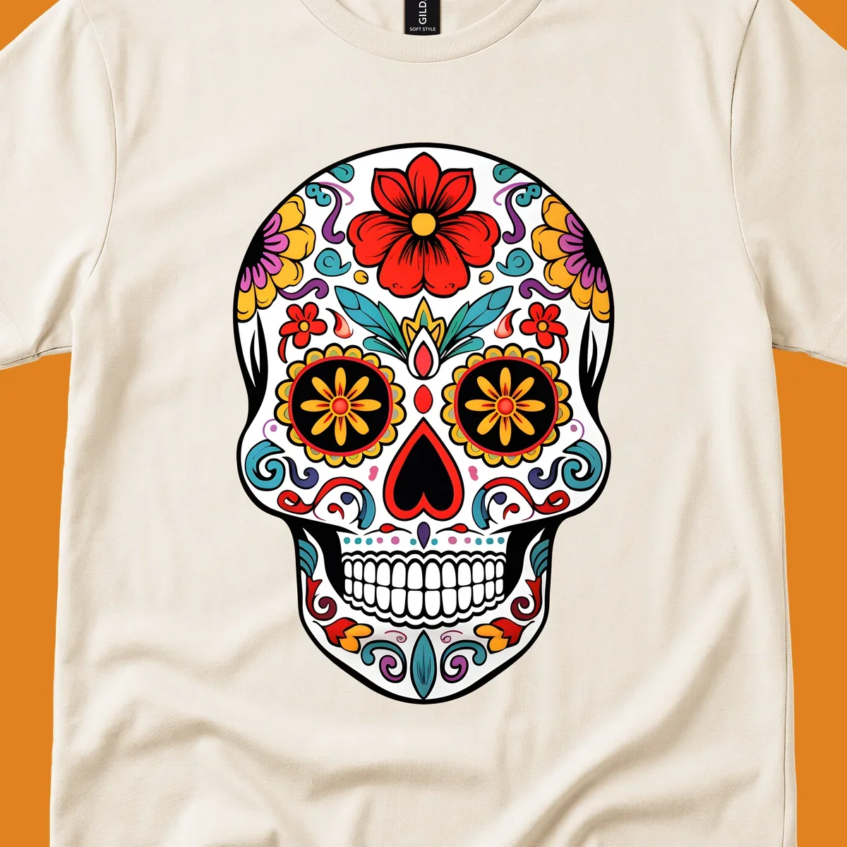 A vibrant floral sugar skull illustration, with a white skull decorated in red, yellow, purple, and blue flowers and swirls.