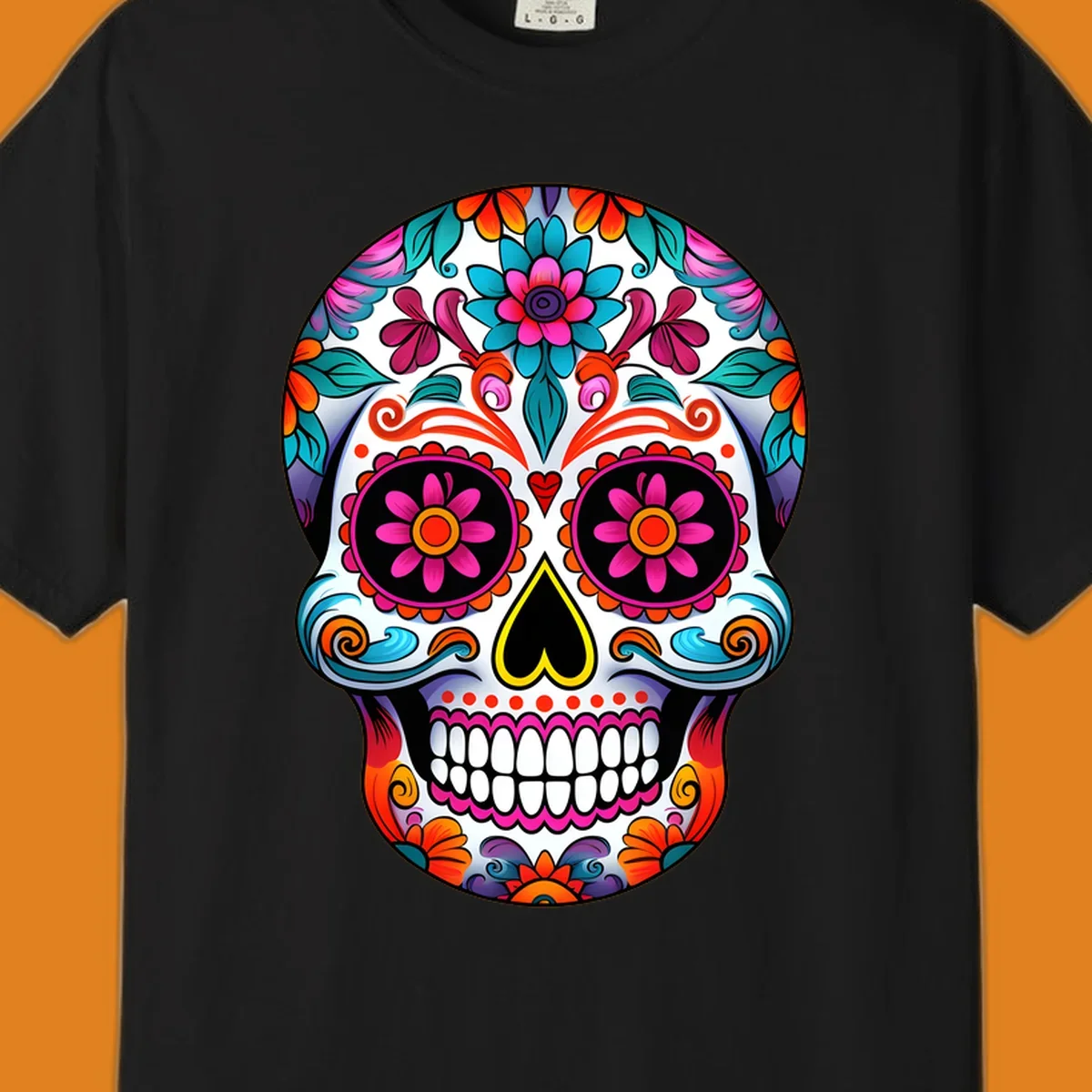 A vibrant floral sugar skull illustration, rich with pink, orange, blue, and teal flowers and swirls, on a white background.