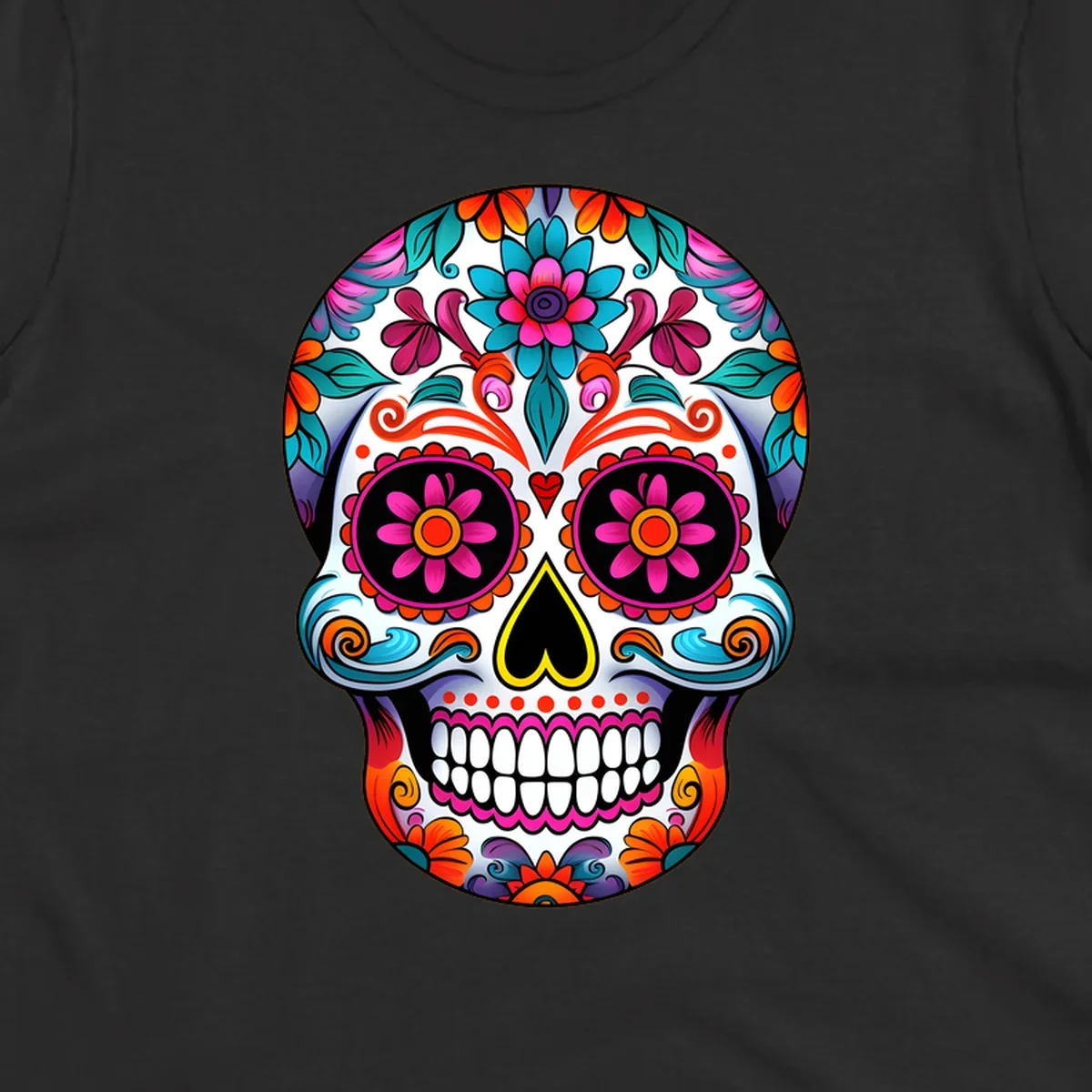 A vibrant floral sugar skull illustration, rich with pink, orange, blue, and teal flowers and swirls, on a white background.