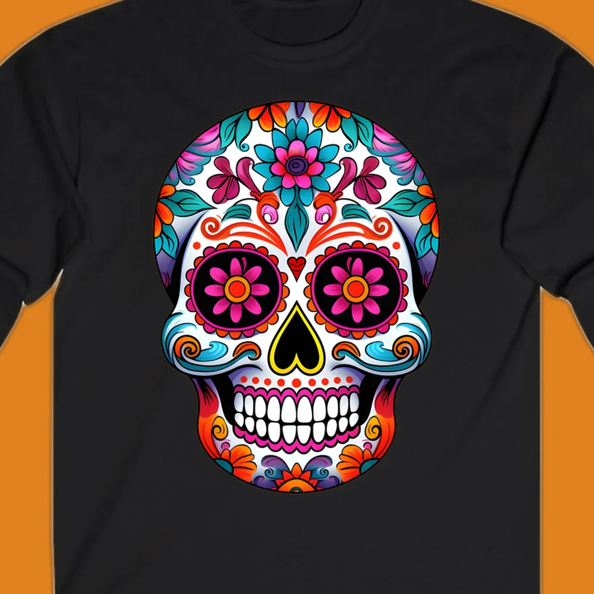 A vibrant floral sugar skull illustration, rich with pink, orange, blue, and teal flowers and swirls, on a white background.