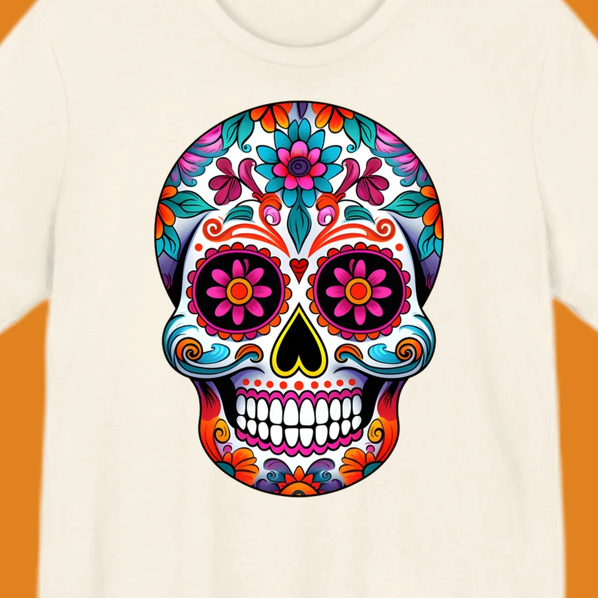 A vibrant floral sugar skull illustration, rich with pink, orange, blue, and teal flowers and swirls, on a white background.