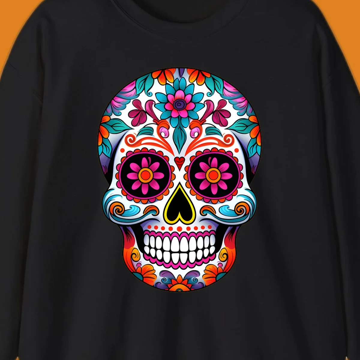 A vibrant floral sugar skull illustration, rich with pink, orange, blue, and teal flowers and swirls, on a white background.