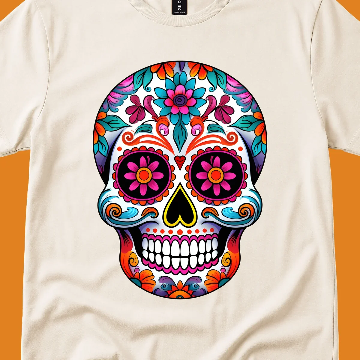 A vibrant floral sugar skull illustration, rich with pink, orange, blue, and teal flowers and swirls, on a white background.